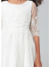 Elbow Sleeves Ivory Lace Tulle Tea Length Flower Girl Dress